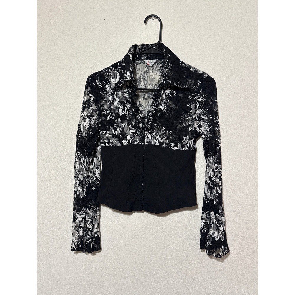 Vintage Floral Print Lace Eyelet Corset Top Long Sleeve Women's Small Whimsigoth